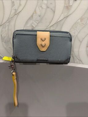 Stella & Dot Navy and White Striped Wristlet with Tan Accent